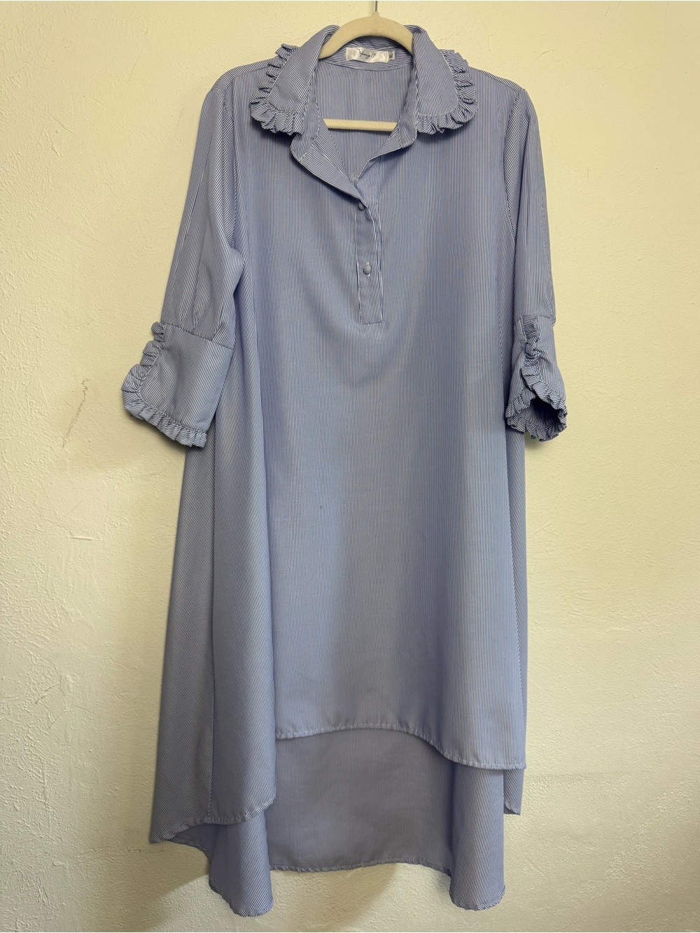 Preppy Elegant Blue and White Striped Midi Dress Ruffles